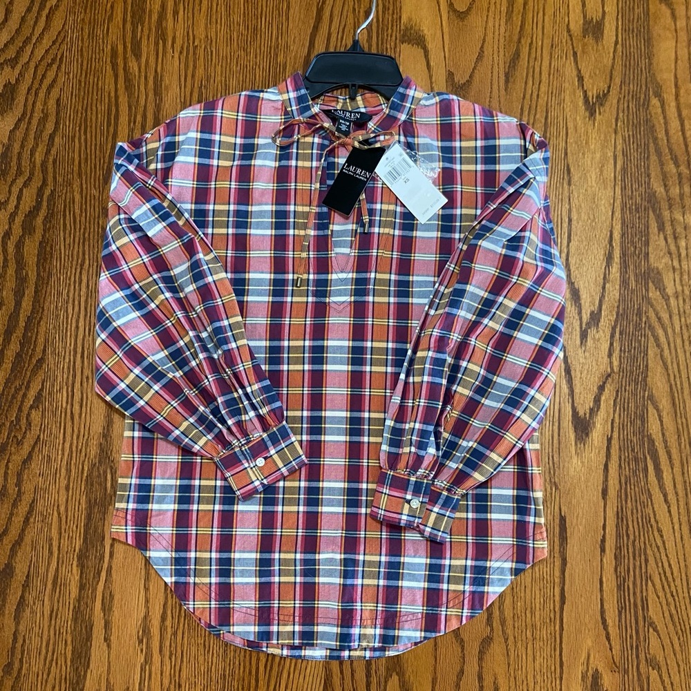 Lauren Ralph Lauren Poplin Women’s Multicolor Tie-Neck Plaid Blouse XL or XS NWT